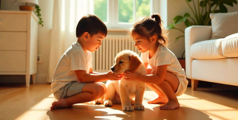 Two kids and a dog sitting together in a bright, tidy living room—enjoying the comfort of an allergen-free environment.