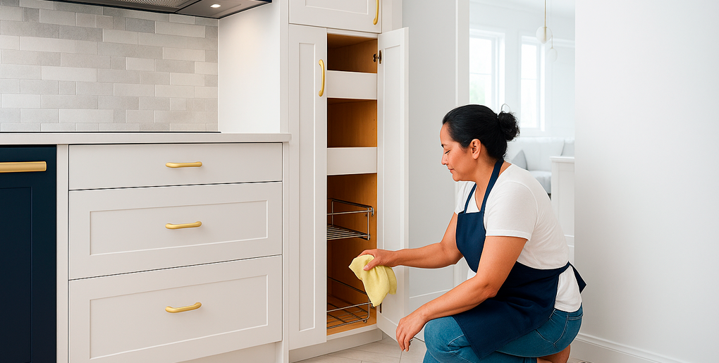 Angelic Maids cleaner standing on a stool organizing a bathroom cabinet in a modern, white bathroom with gold fixtures in Boca Raton.